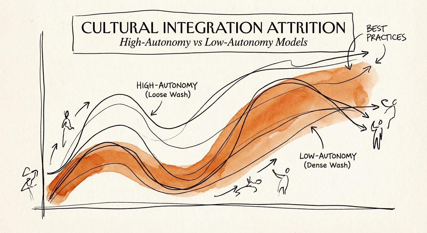 Graph comparing attrition rates in high-autonomy vs low-autonomy integration models