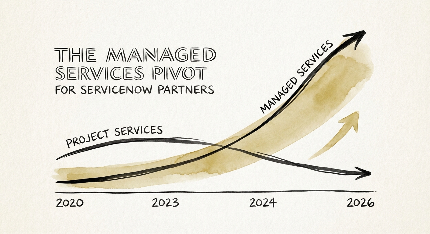 Graph showing valuation multiple divergence between Project Services and Managed Services firms from 2020 to 2026