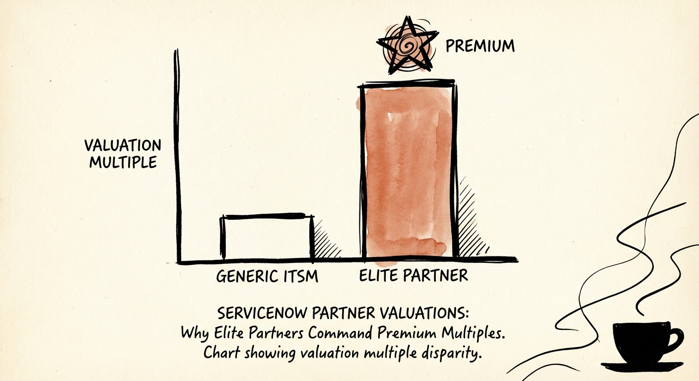 Chart showing valuation multiple disparity between generic ITSM ServiceNow partners and specialized Elite partners.