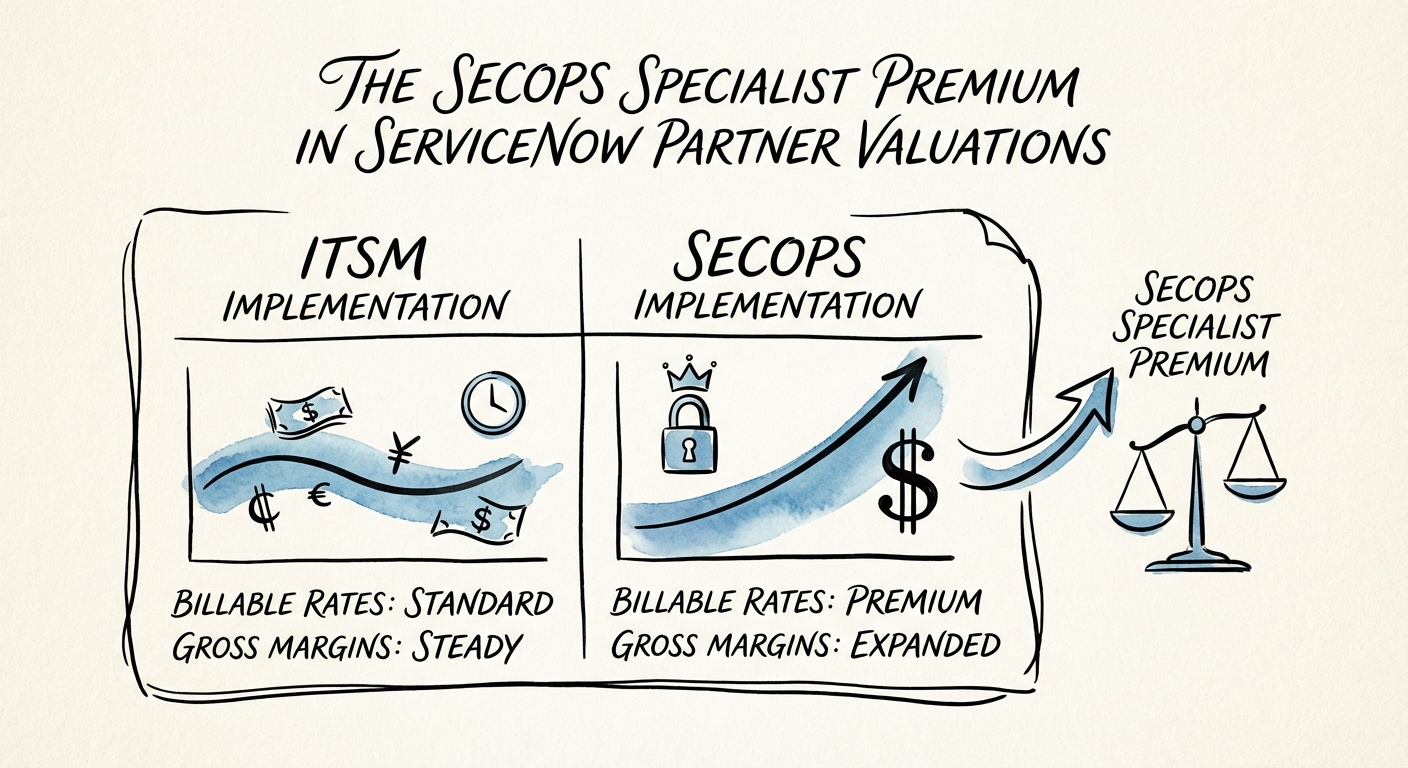 Comparison table of billable rates and gross margins for ServiceNow ITSM vs. SecOps Implementation