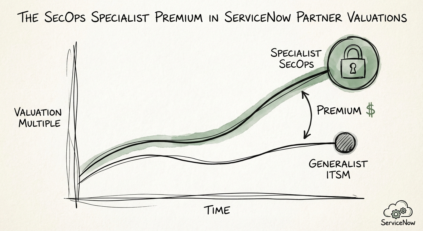 Chart showing valuation multiple divergence between Generalist ITSM ServiceNow partners and Specialist SecOps partners