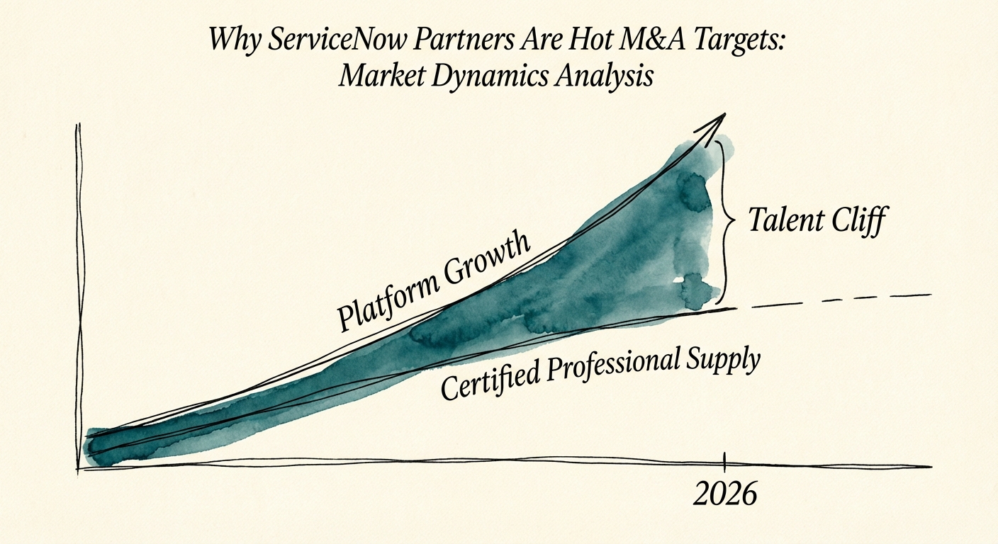 Chart depicting the 'Talent Cliff' gap between ServiceNow platform growth and certified professional supply through 2026