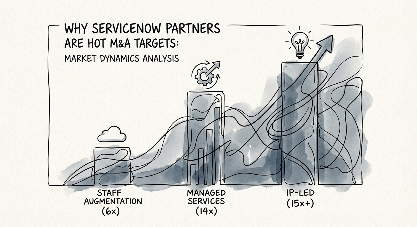 Graph showing valuation multiple arbitrage for ServiceNow partners: Staff Augmentation (6x) vs Managed Services (14x) vs IP-Led (15x+)