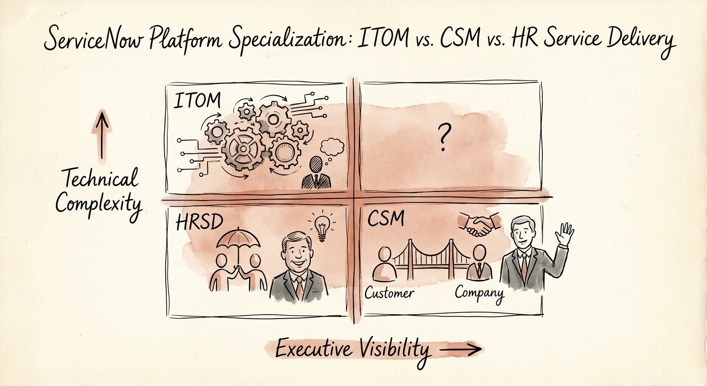 Strategic matrix comparing ITOM, CSM, and HRSD based on technical complexity and executive visibility