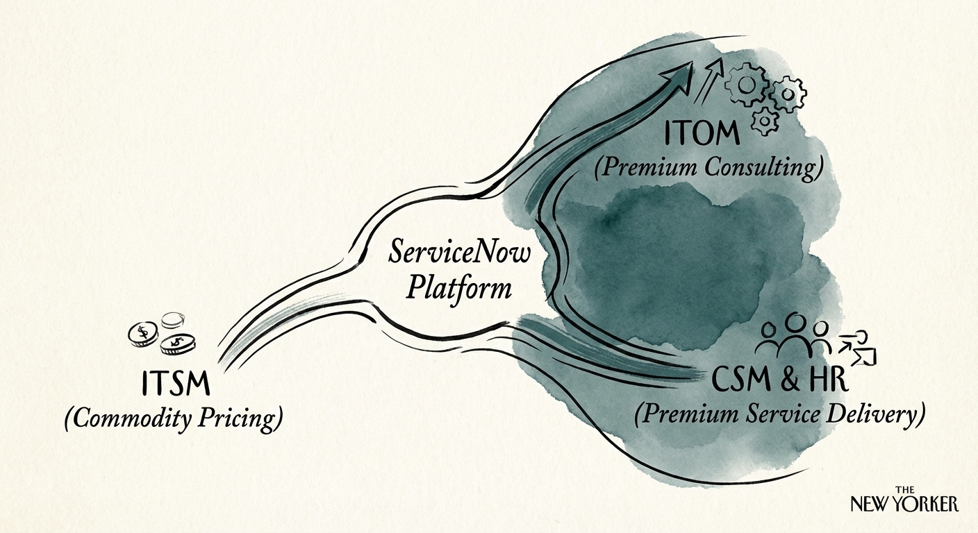 Chart showing the divergence between ServiceNow ITSM commodity pricing and ITOM/CSM premium consulting rates