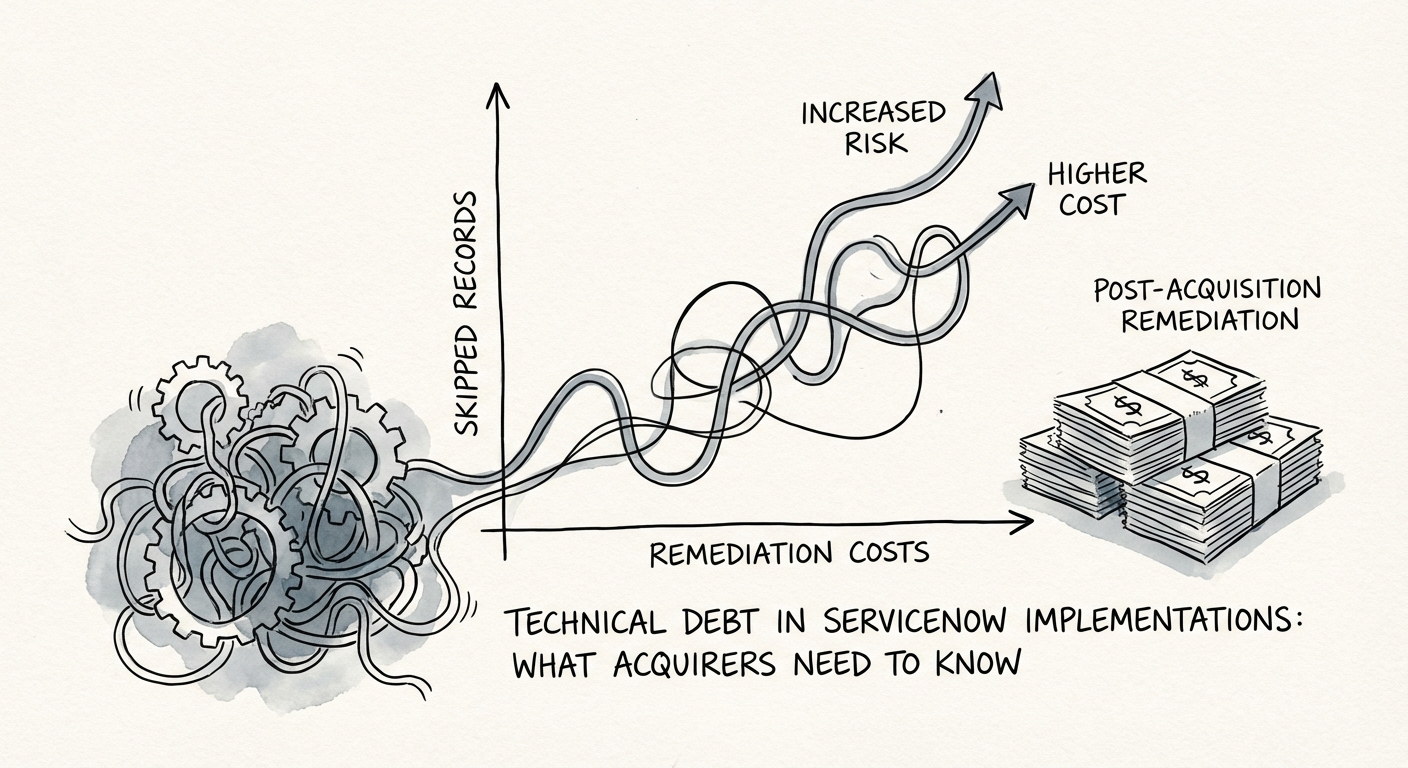 Chart showing the correlation between ServiceNow skipped records and post-acquisition remediation costs.