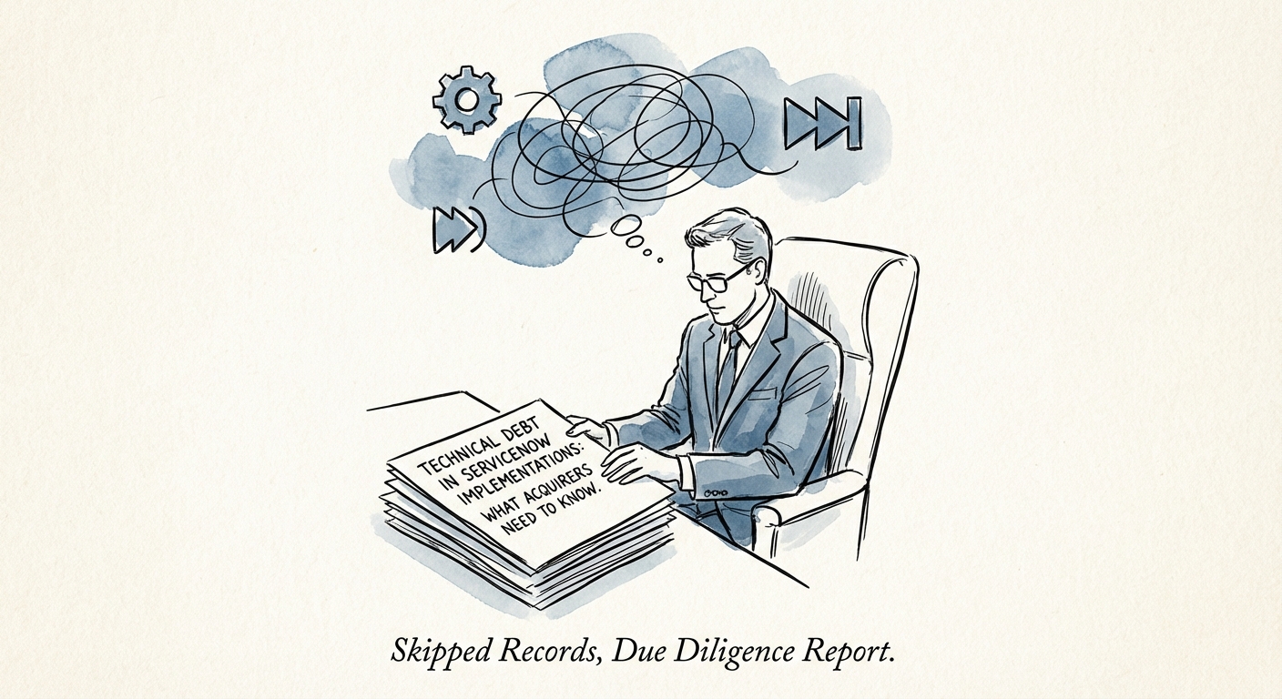 Private Equity Operating Partner reviewing a technical due diligence report highlighting ServiceNow skipped records.