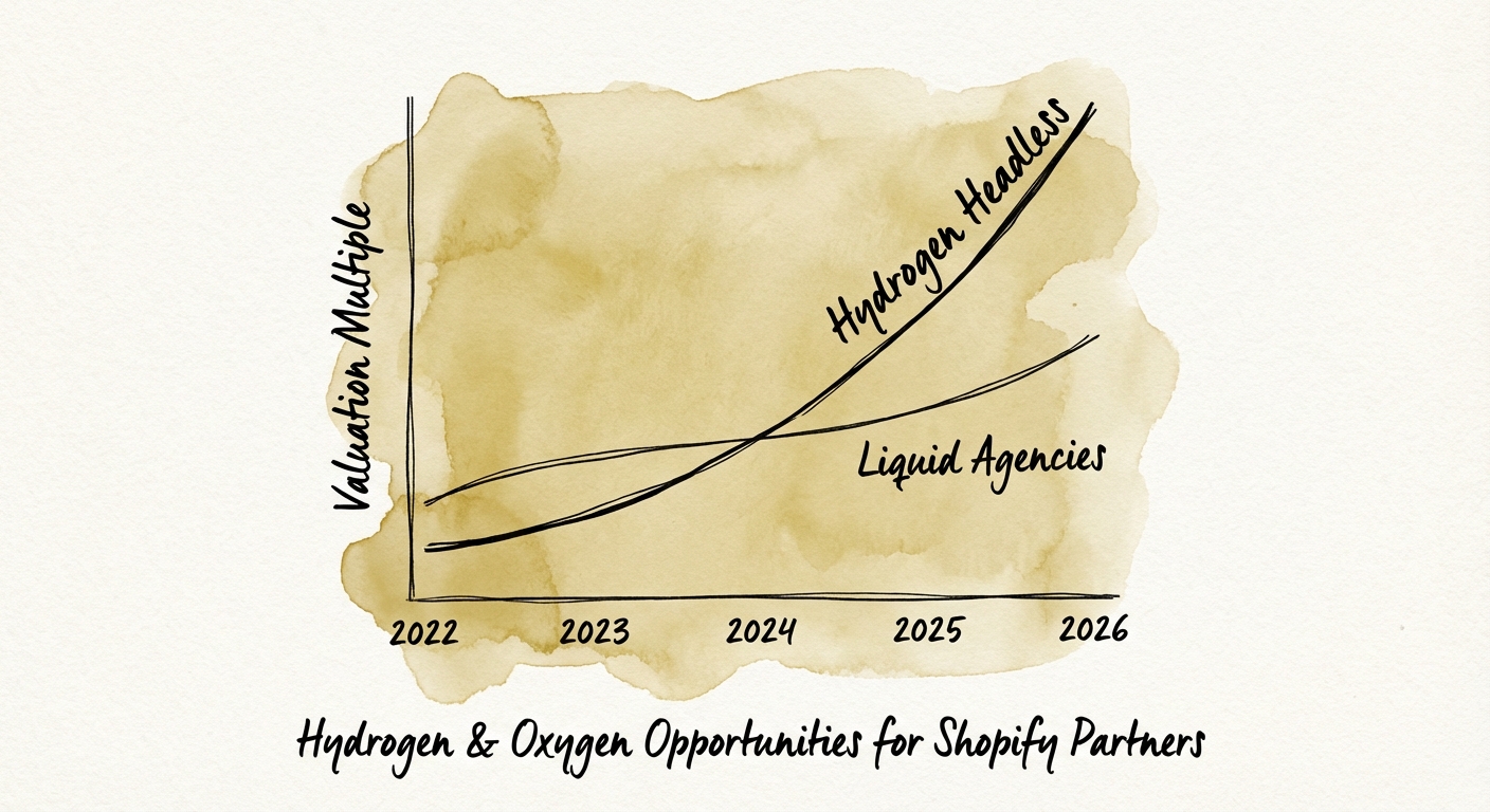 Graph showing the divergence in valuation multiples between Shopify Liquid agencies and Hydrogen headless practices from 2022 to 2026.