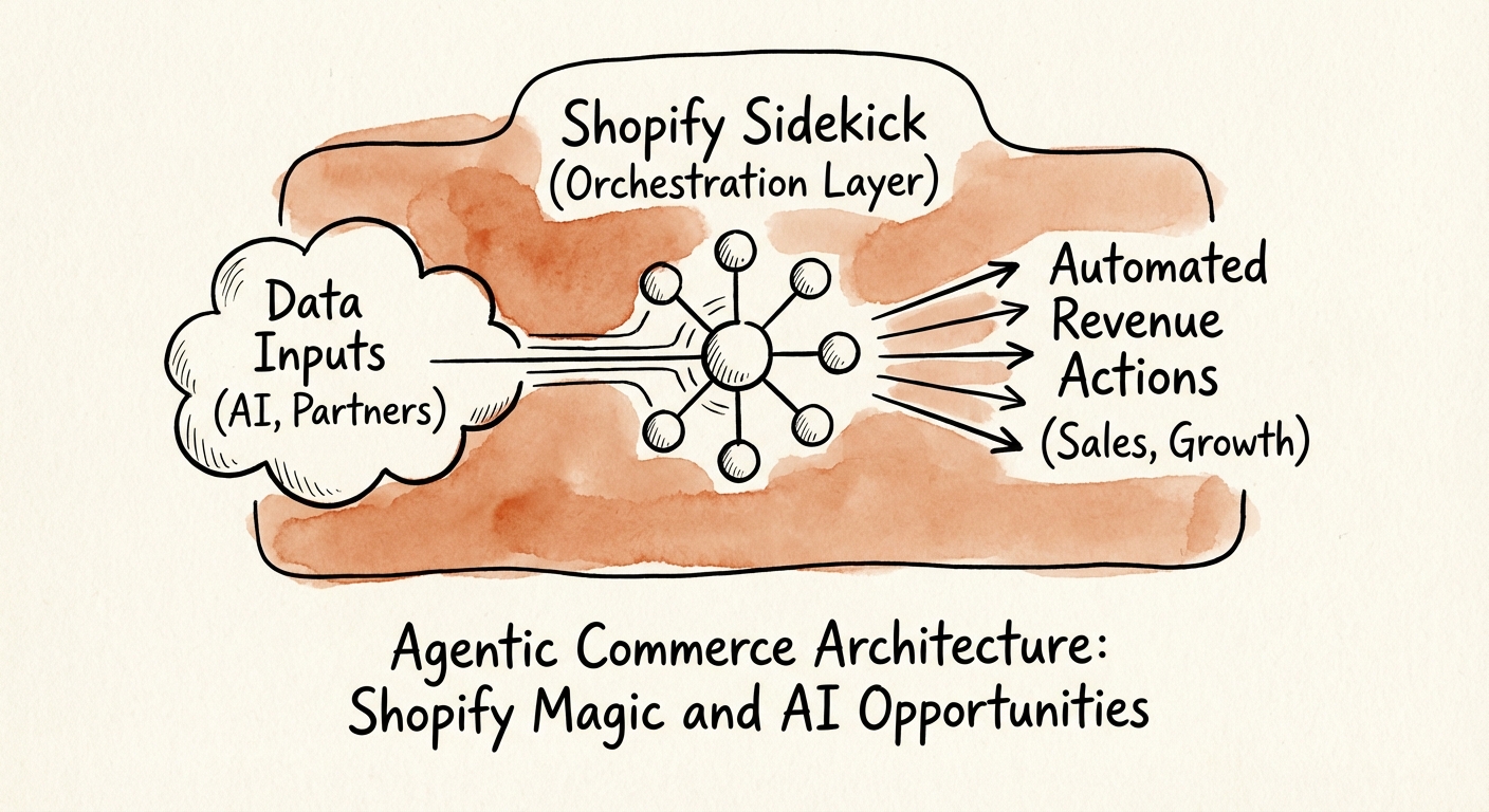 Diagram illustrating the 'Agentic Commerce' architecture, where Shopify Sidekick acts as the orchestration layer between data inputs and automated revenue actions.