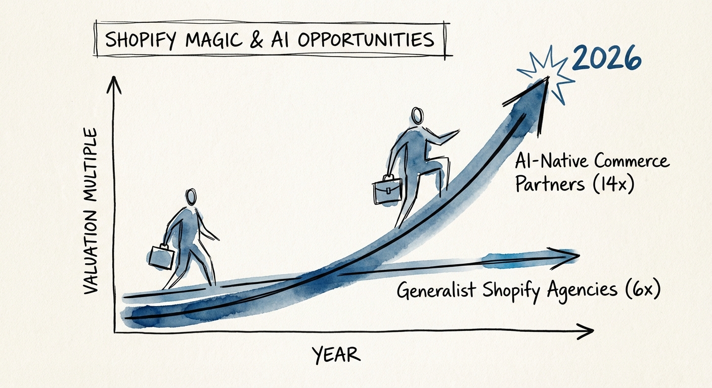 Graph showing the valuation multiple divergence between Generalist Shopify Agencies (6x) and AI-Native Commerce Partners (14x) in 2026.