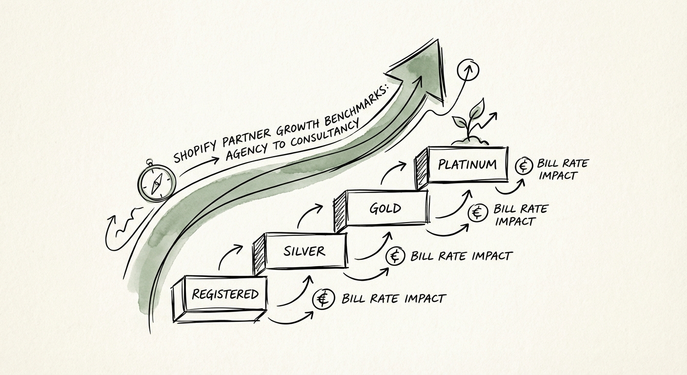 Diagram illustrating the 2026 Shopify Partner Tier hierarchy from 'Registered' to 'Platinum' and its impact on bill rates.