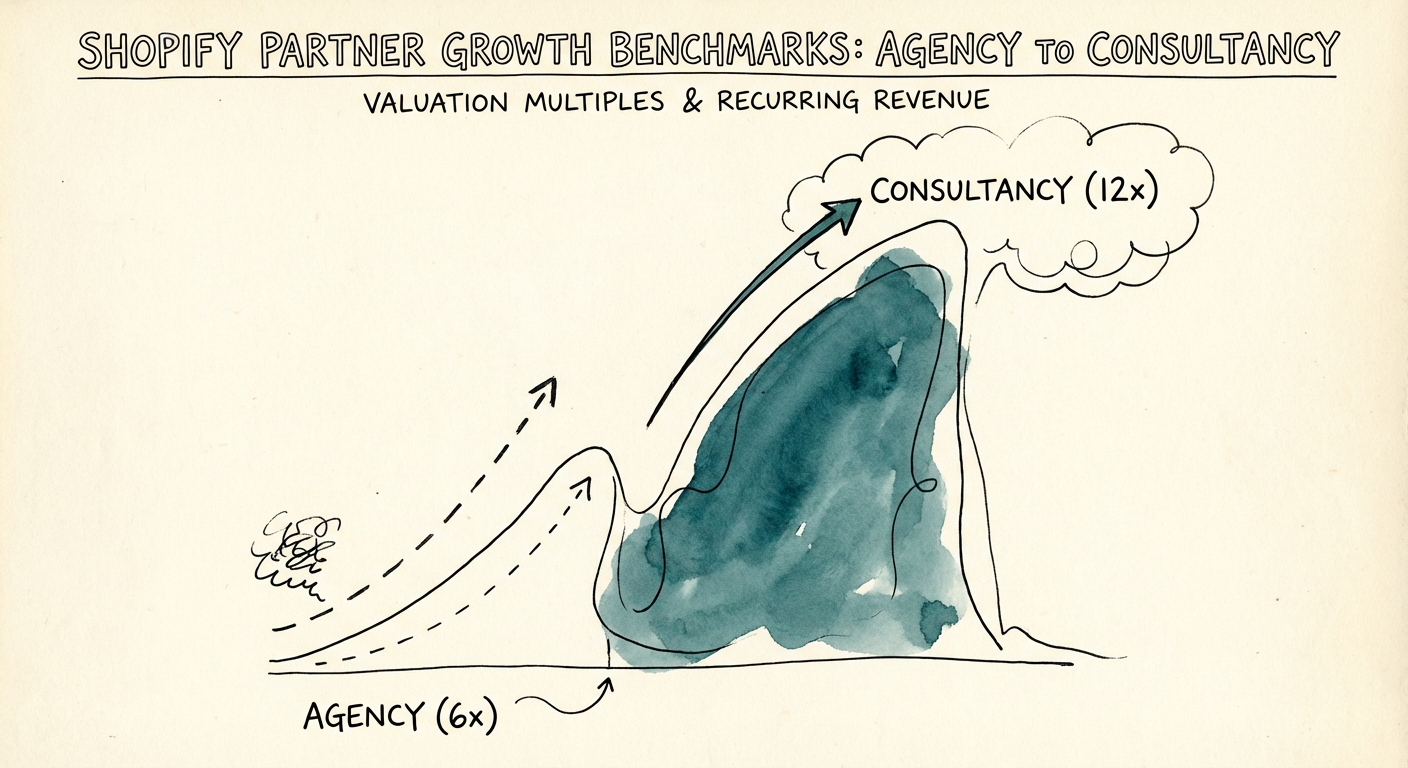 Chart showing the valuation multiple gap between Shopify Agencies (6x) and Commerce Consultancies (12x) based on recurring revenue mix.
