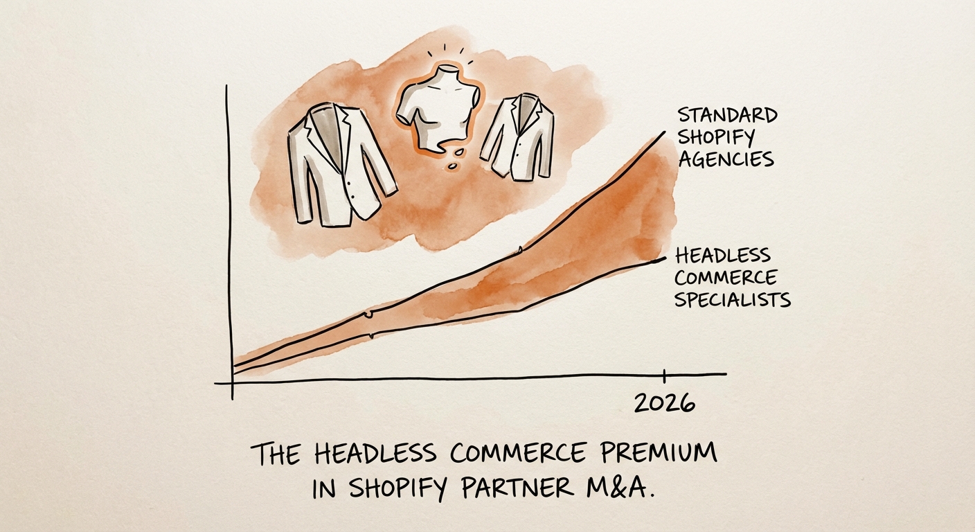 Graph showing the valuation multiple gap between standard Shopify agencies and headless commerce specialists in 2026.