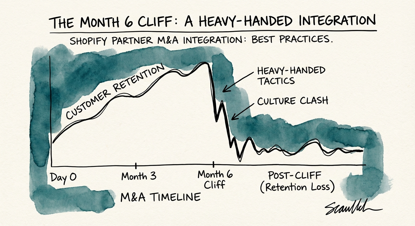 A chart illustrating the 'Month 6 Cliff' in customer retention following a heavy-handed M&A integration.