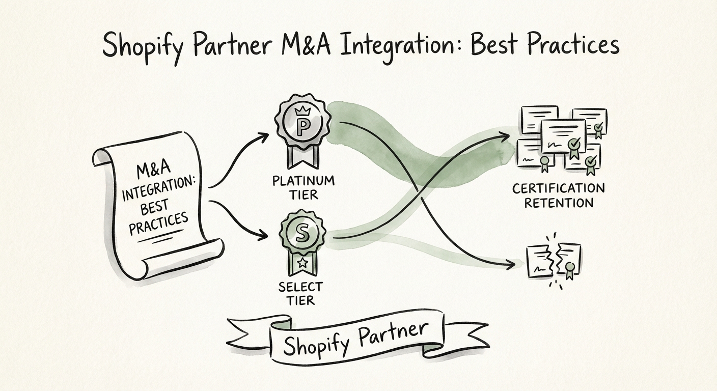 A strategic diagram showing the correlation between employee certification retention and Shopify Partner Tier status (Platinum vs. Select).