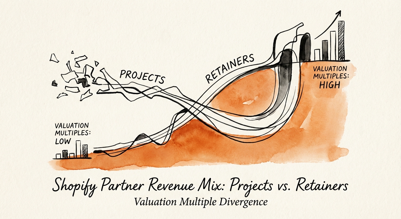 Graph showing valuation multiple divergence between project-based and retainer-based Shopify agencies