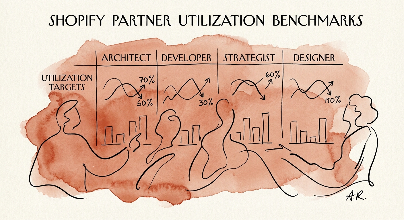 Table comparing Shopify Partner utilization targets by role: Architect, Developer, Strategist, and Designer.