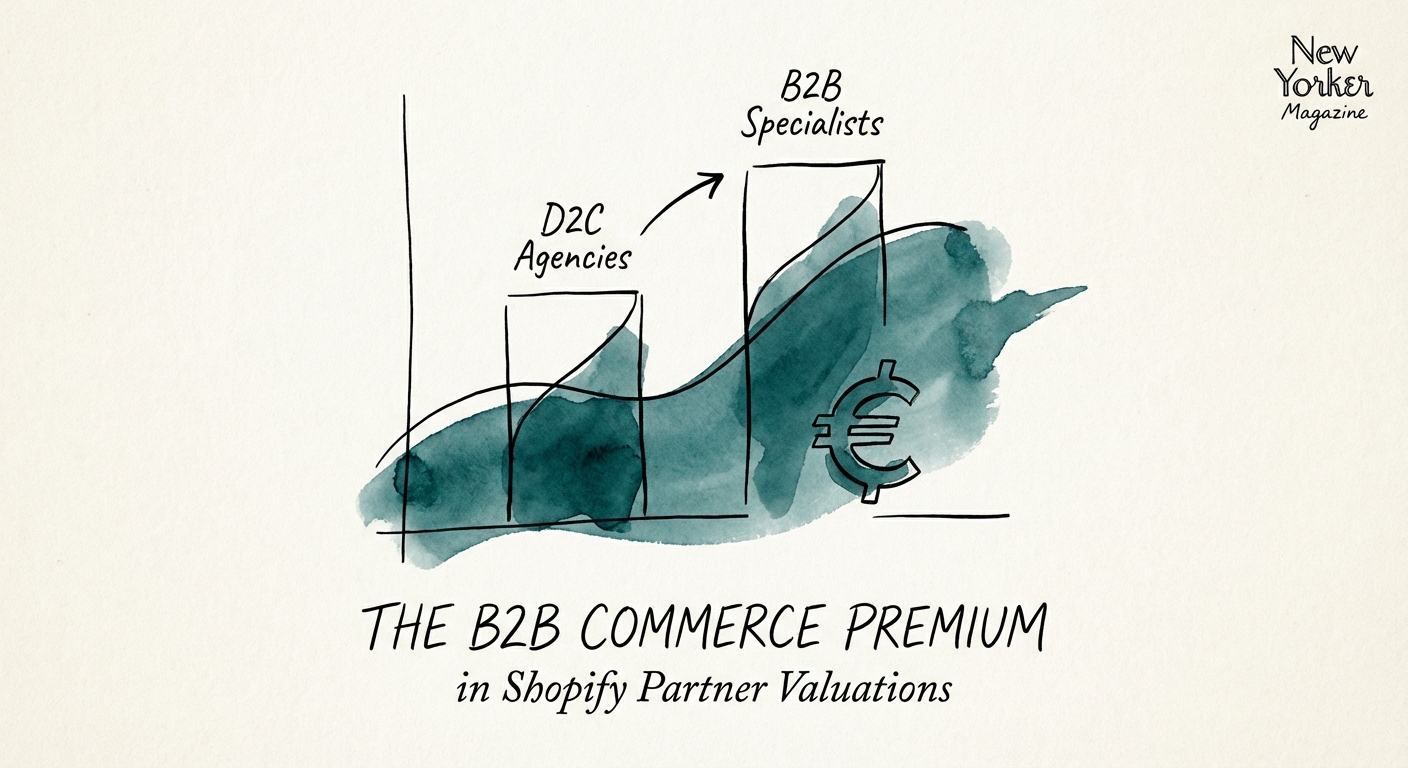 Chart showing the valuation multiple gap between D2C Shopify agencies and B2B Commerce Specialists