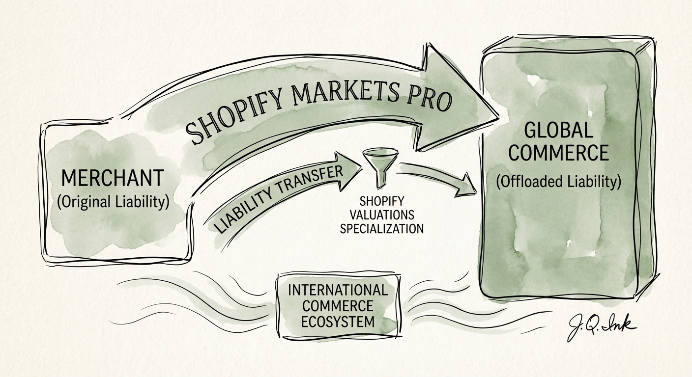 Diagram of Shopify Markets Pro architecture illustrating Merchant of Record liability offloading