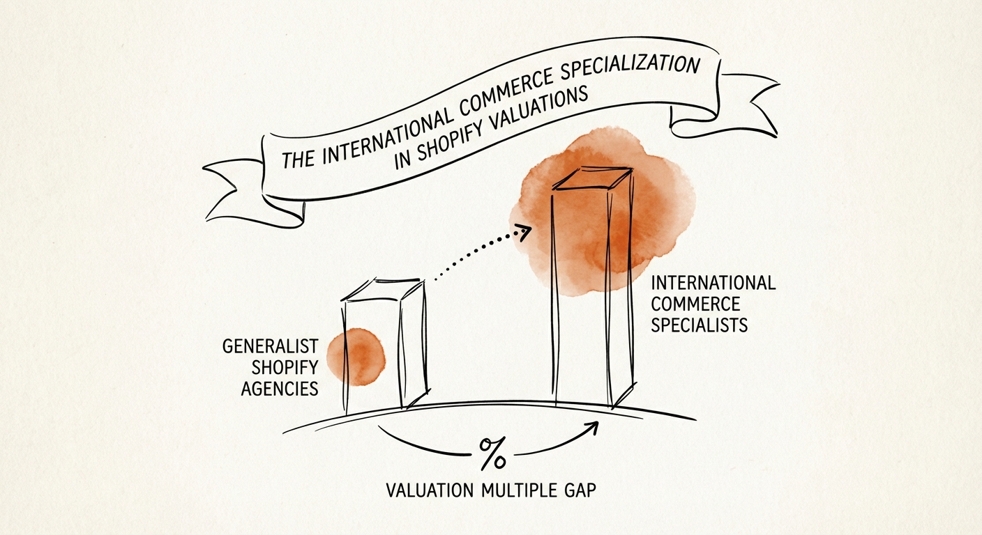 Chart showing valuation multiple gap between generalist Shopify agencies and international commerce specialists