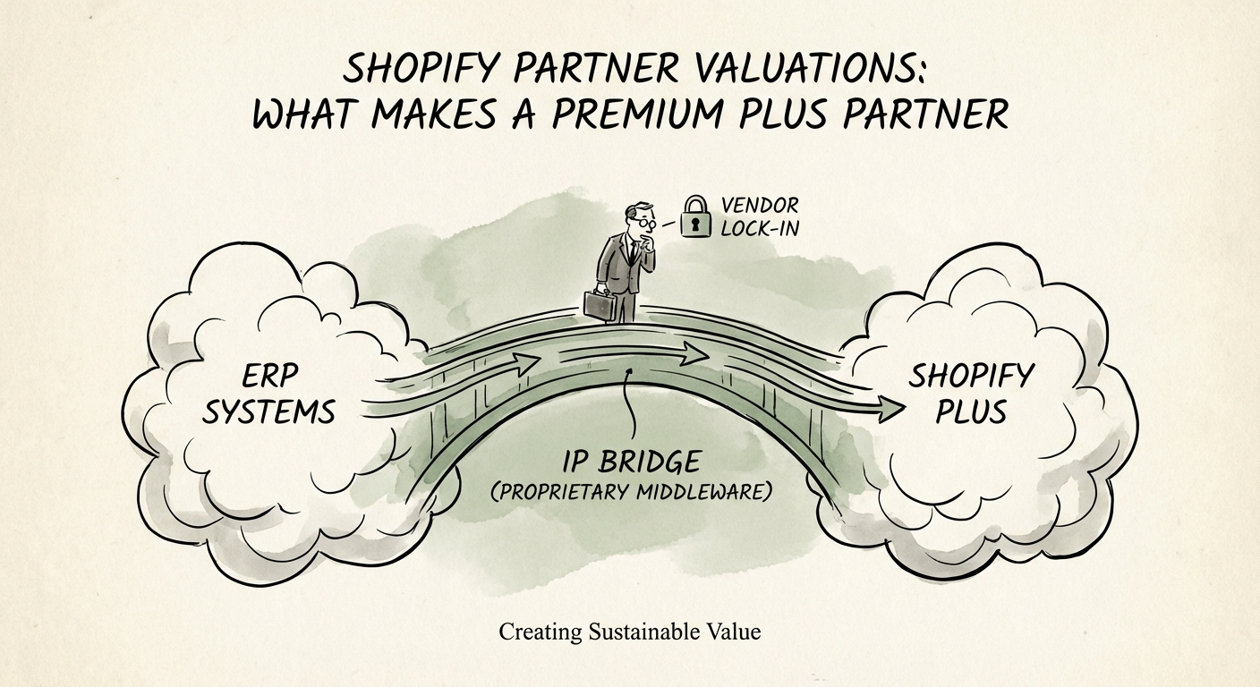 Diagram illustrating the 'IP Bridge' concept: how proprietary middleware connects ERPs to Shopify Plus, creating vendor lock-in.