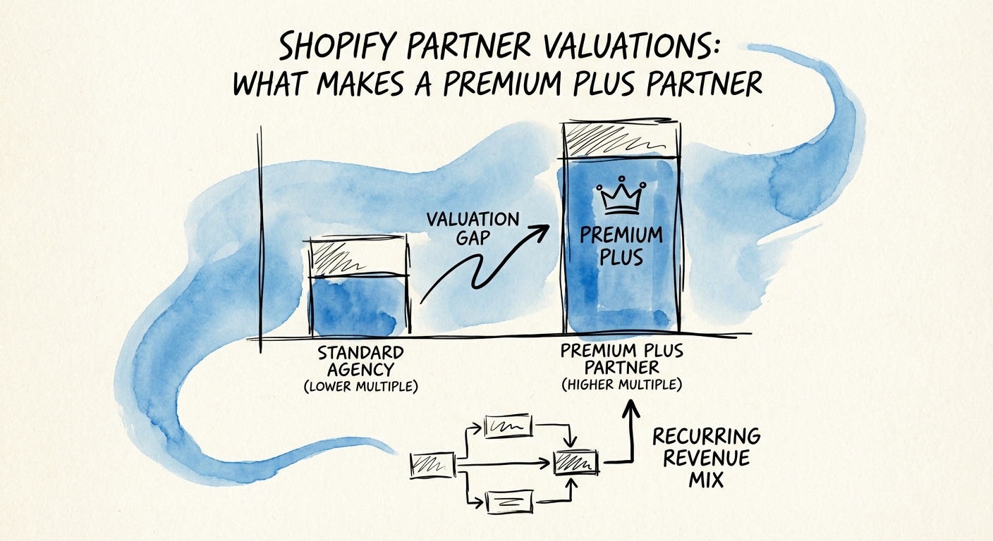 Chart showing the valuation multiple gap between standard Shopify agencies and Premium Plus partners based on recurring revenue mix.