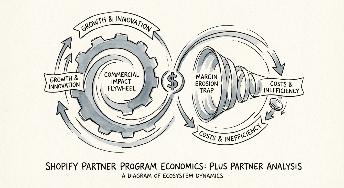 Diagram illustrating the 'Commercial Impact' flywheel vs. the 'Margin Erosion' trap in the Shopify Partner ecosystem.