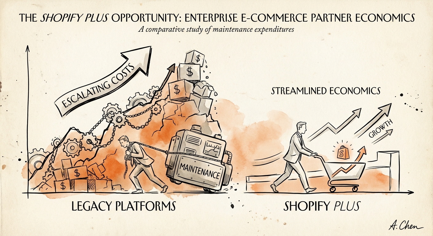 Chart comparing maintenance costs of legacy commerce platforms vs Shopify Plus