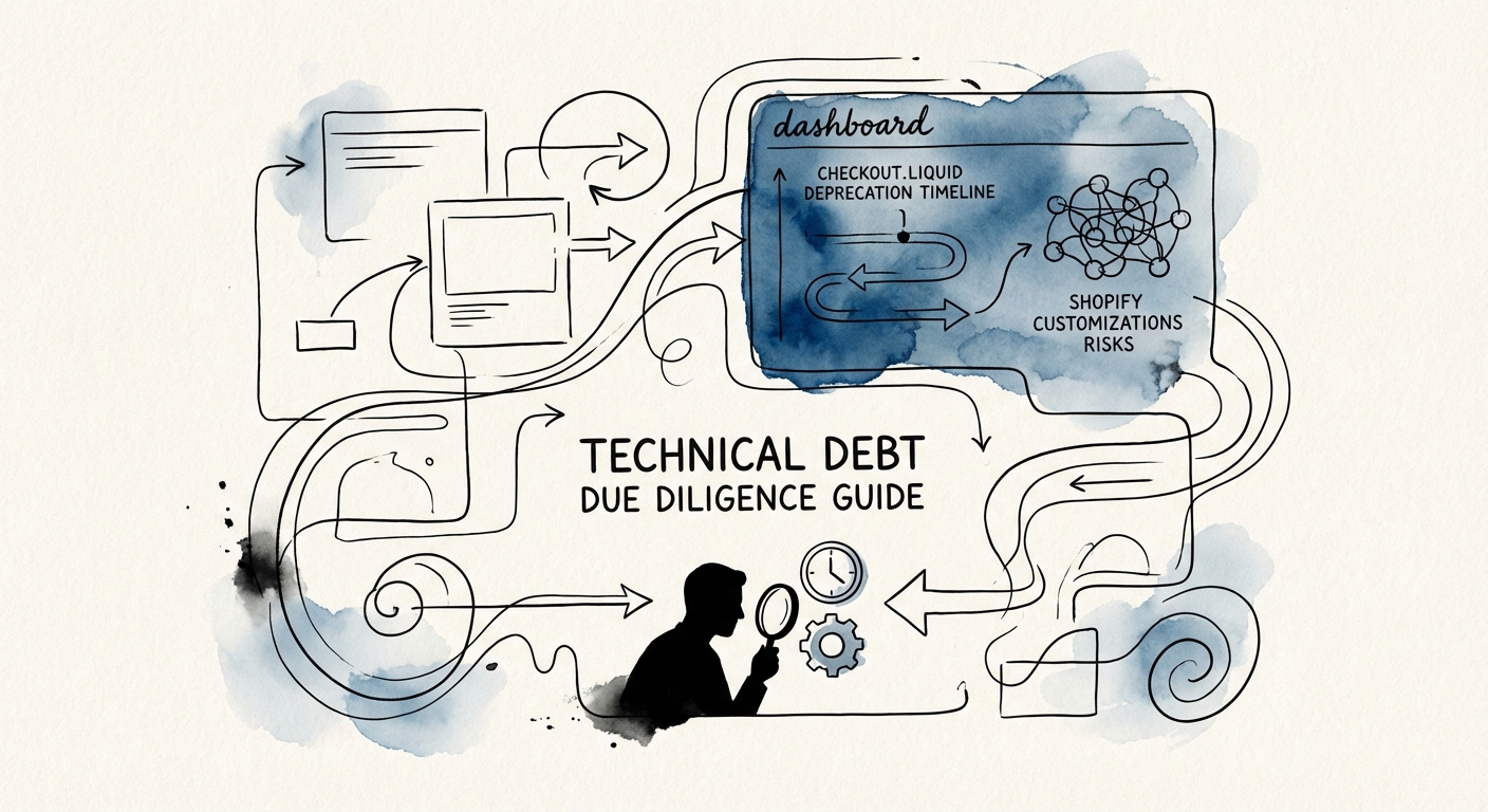 Technical Due Diligence Dashboard showing Shopify Plus customization risks and checkout.liquid deprecation timeline