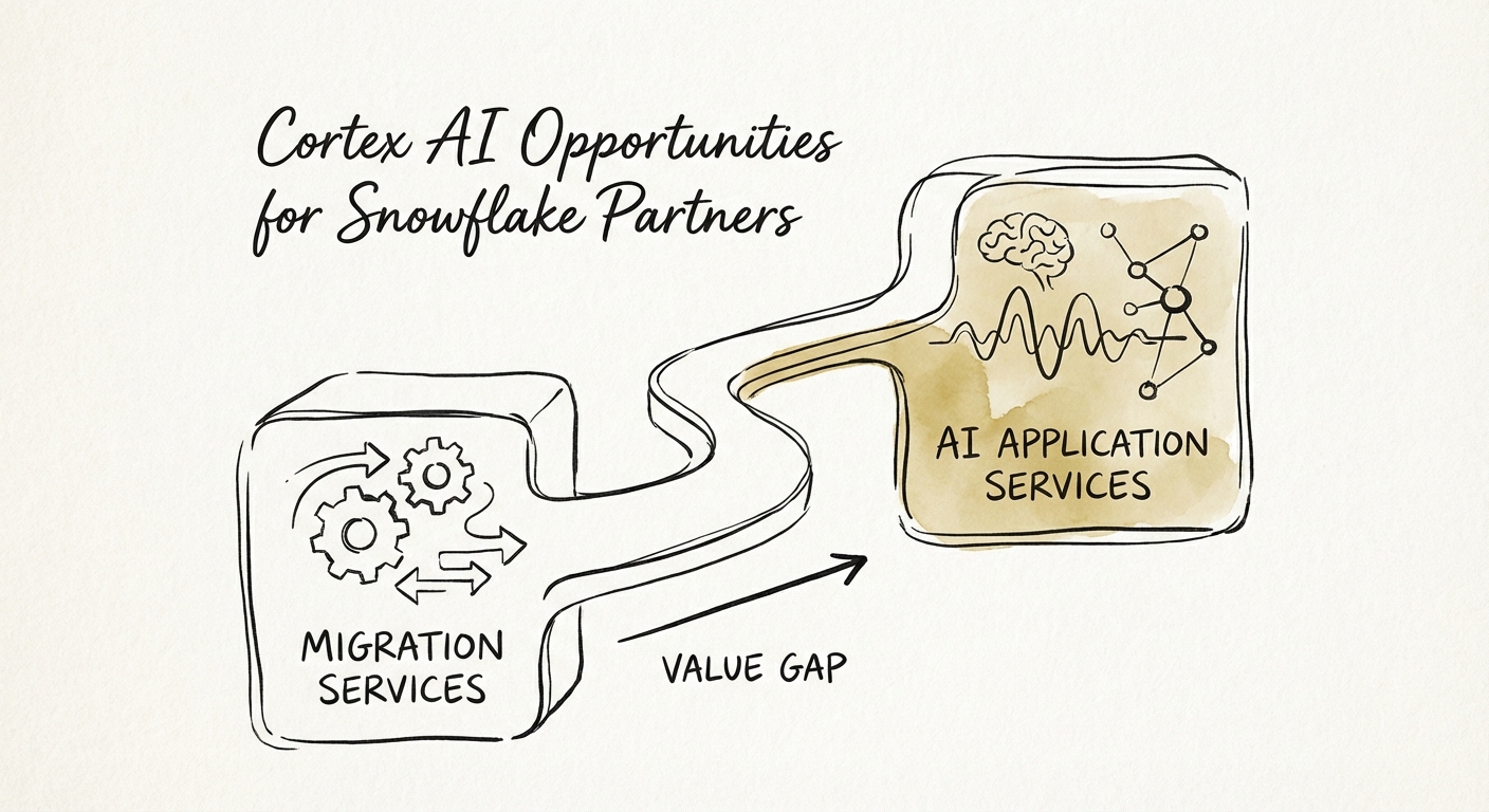 Snowflake Cortex AI Partner Opportunity Valuation Matrix showing the gap between migration services and AI application services.