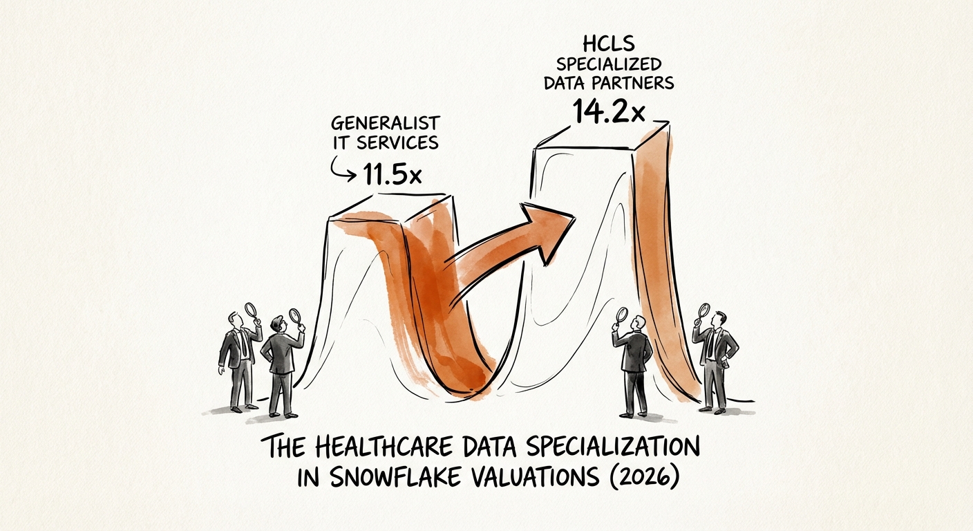 Chart showing the valuation multiple gap between Generalist IT Services (11.5x) and HCLS Specialized Data Partners (14.2x) in 2026.