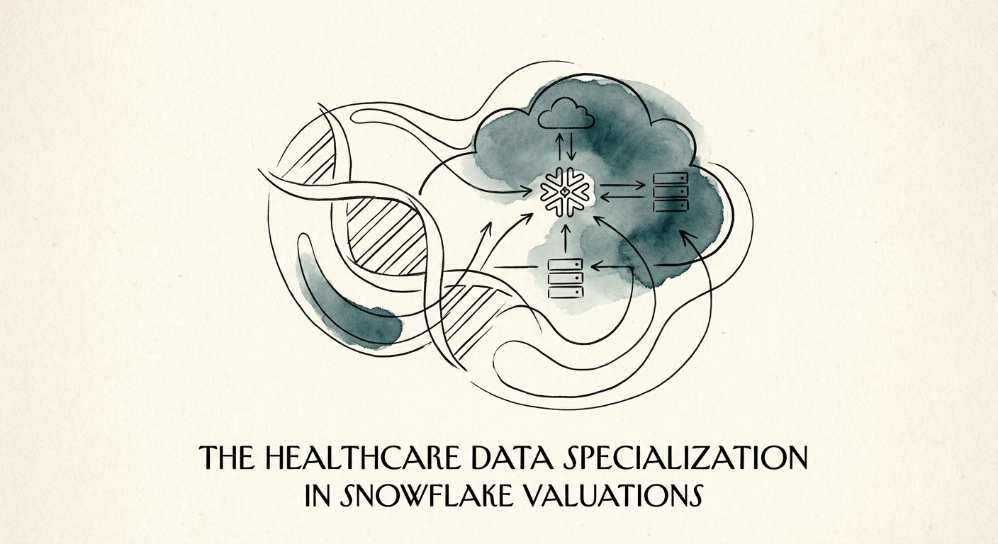 Abstract digital visualization of a DNA double helix merging with a cloud data architecture, representing healthcare data specialization.