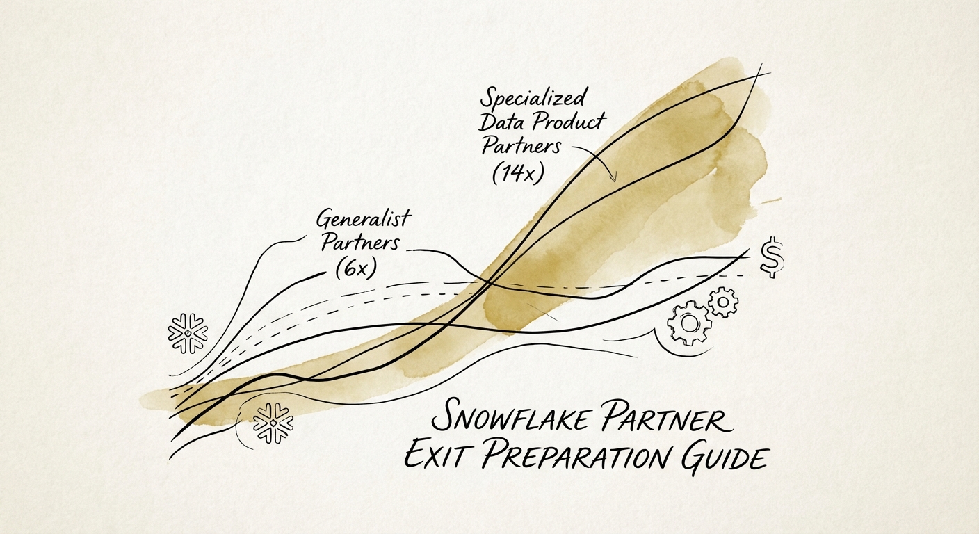 Graph showing the valuation gap between Snowflake generalist partners (6x) and specialized data product partners (14x)