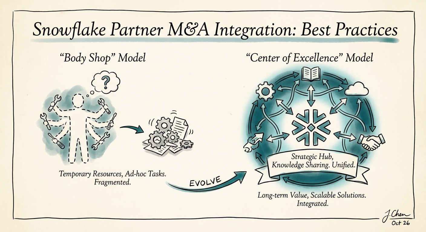 Diagram comparing 'Body Shop' integration model vs. 'Center of Excellence' model for Snowflake acquisitions.