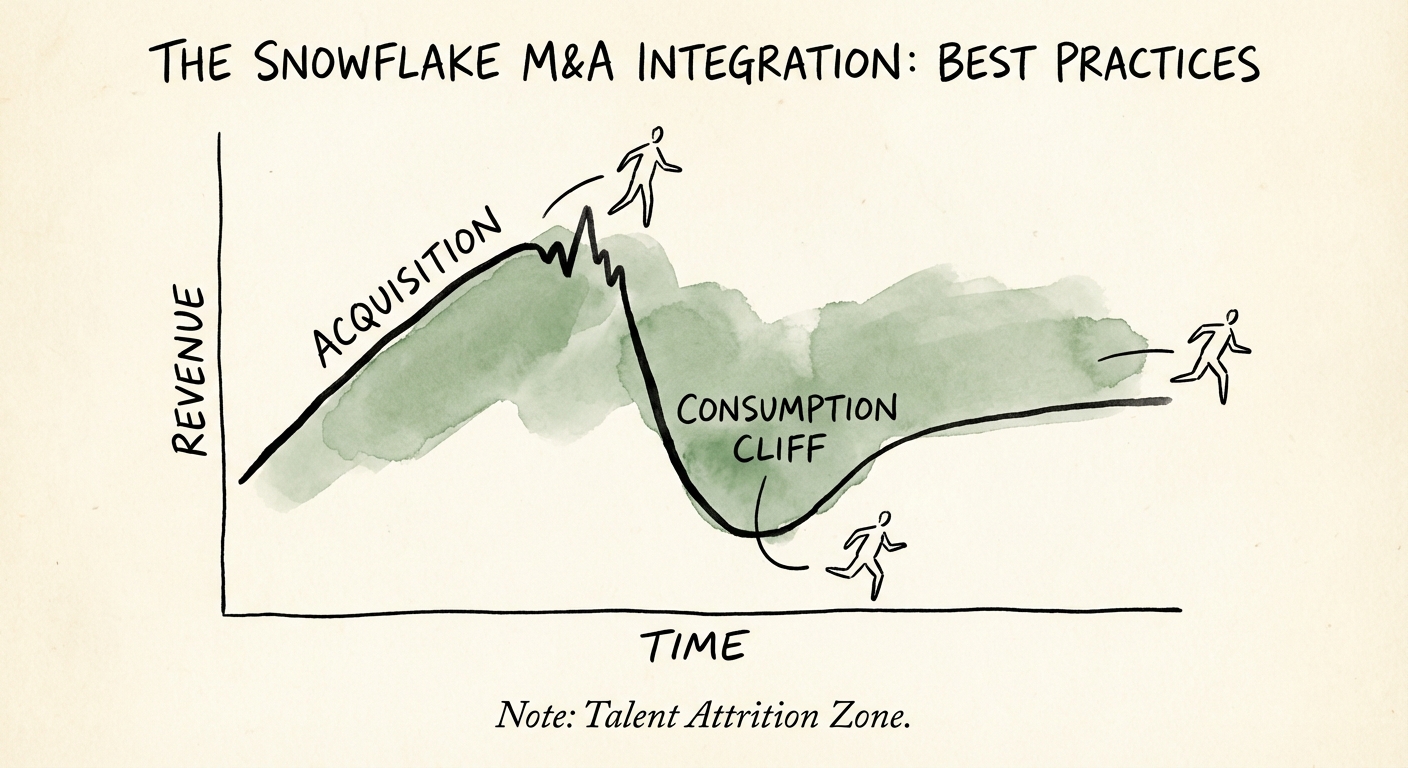 Graph showing the 'Consumption Cliff' where Snowflake partner revenue drops post-acquisition due to talent attrition.