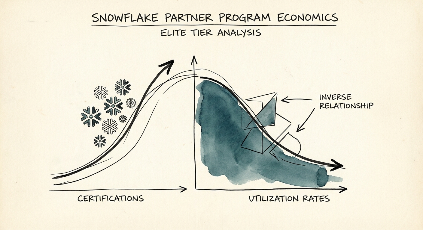 Graph showing the inverse relationship between number of SnowPro certifications and firm-wide utilization rates.