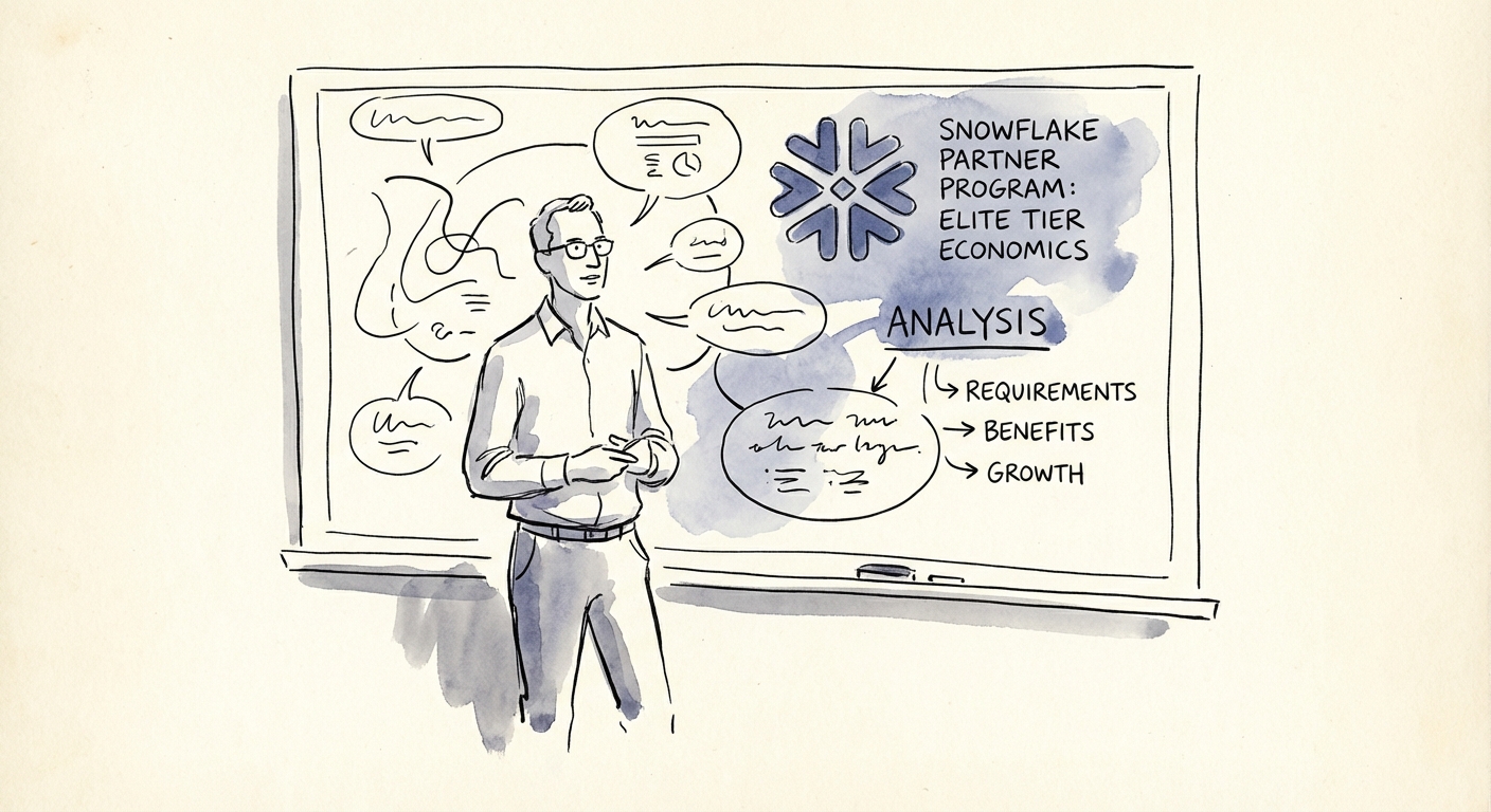 Justin Leader analyzing Snowflake partner program economics and tier requirements on a whiteboard.