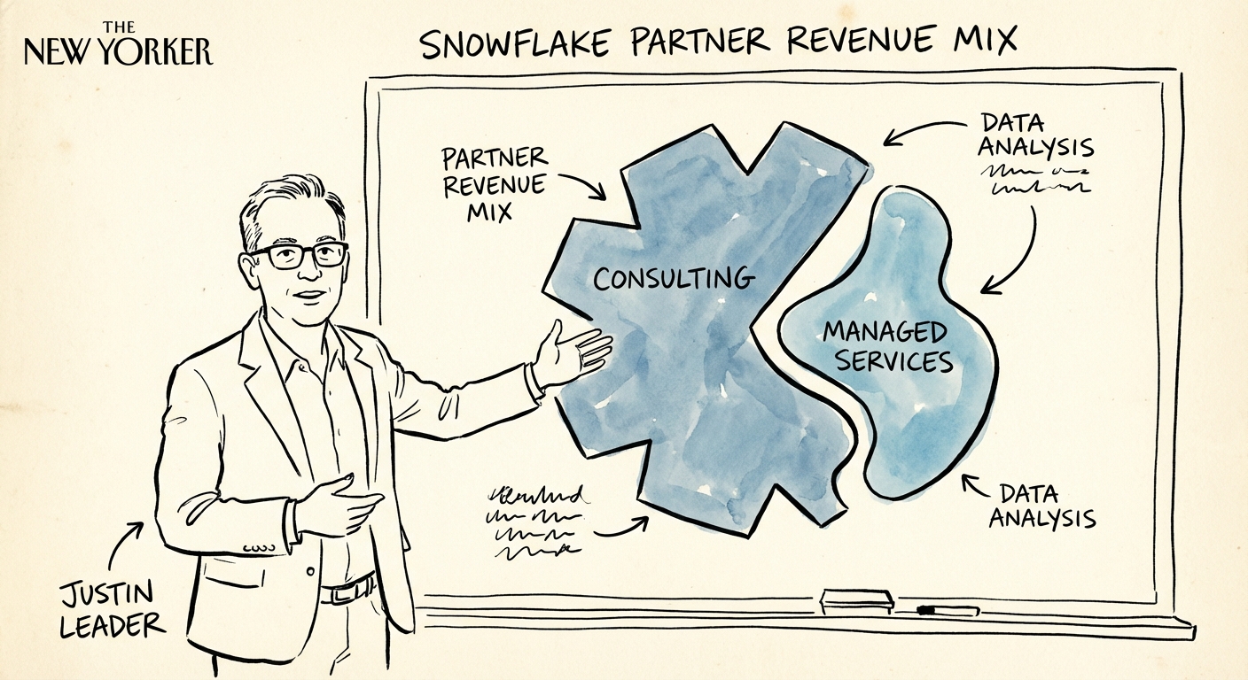 Justin Leader analyzing Snowflake partner revenue mix data on a digital whiteboard.