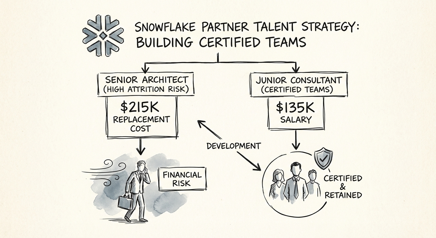 A chart comparing the $215k replacement cost of a Senior Architect against the $135k salary of a Junior Consultant, highlighting the financial risk of high attrition.