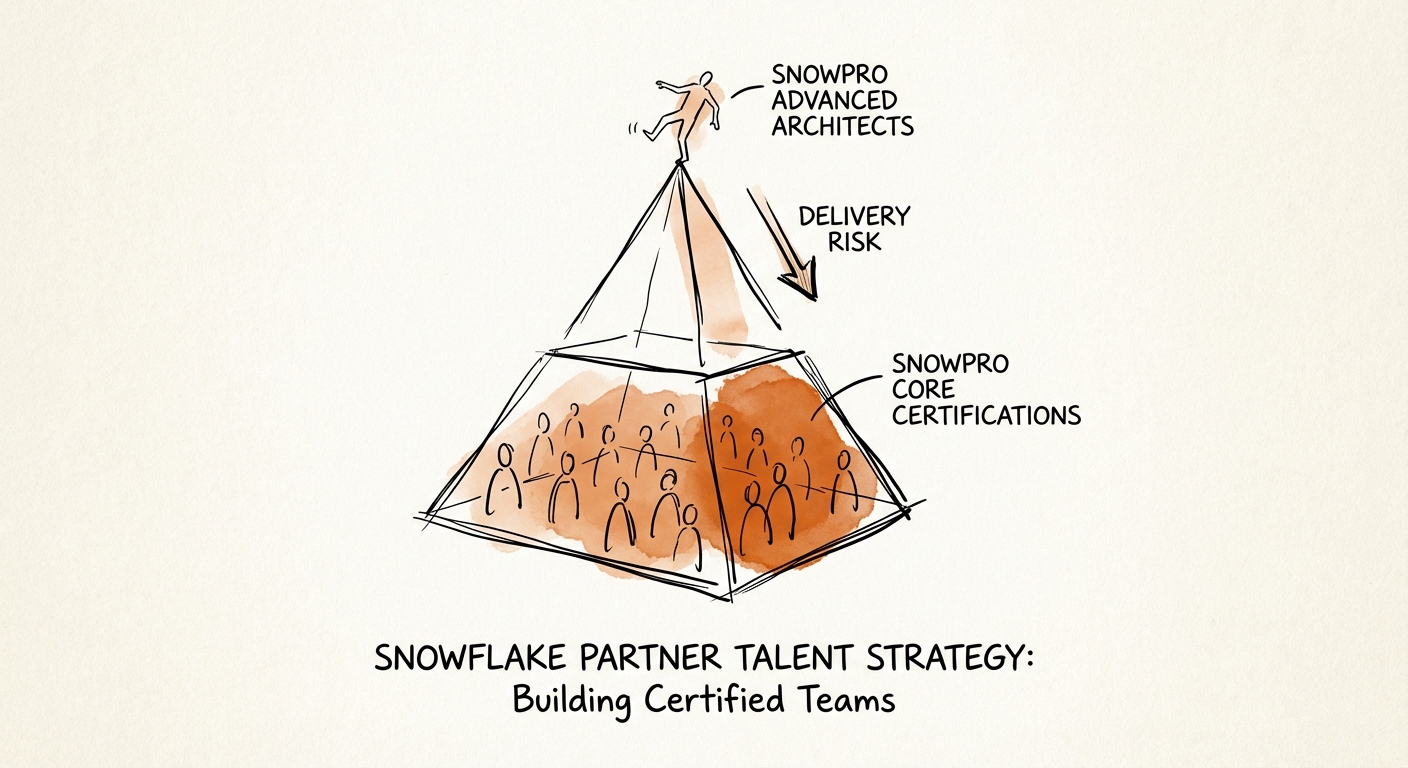 A visualization showing the 'Certification Pyramid' with a wide base of SnowPro Core certifications and a dangerously thin peak of SnowPro Advanced Architects, illustrating delivery risk.