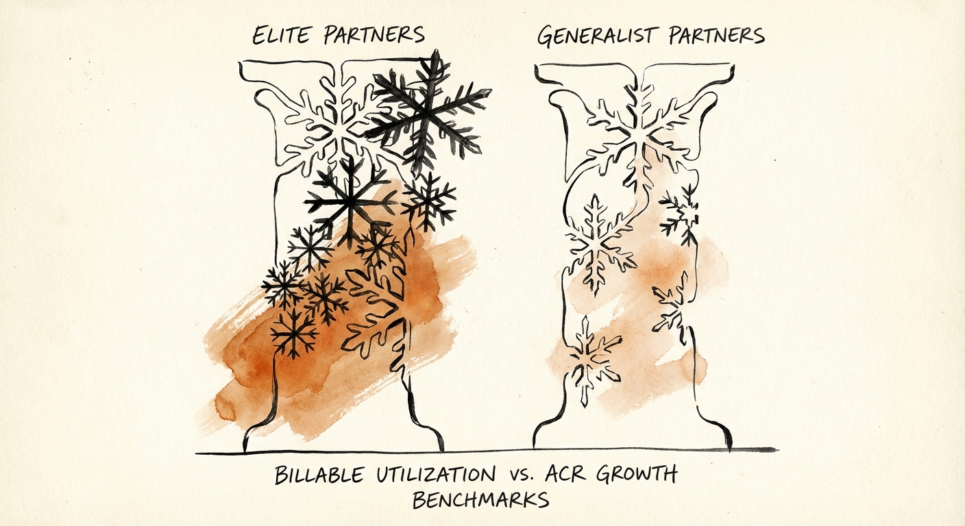 Comparison chart of Billable Utilization vs. Annual Consumption Revenue (ACR) growth for Elite vs. Generalist partners.
