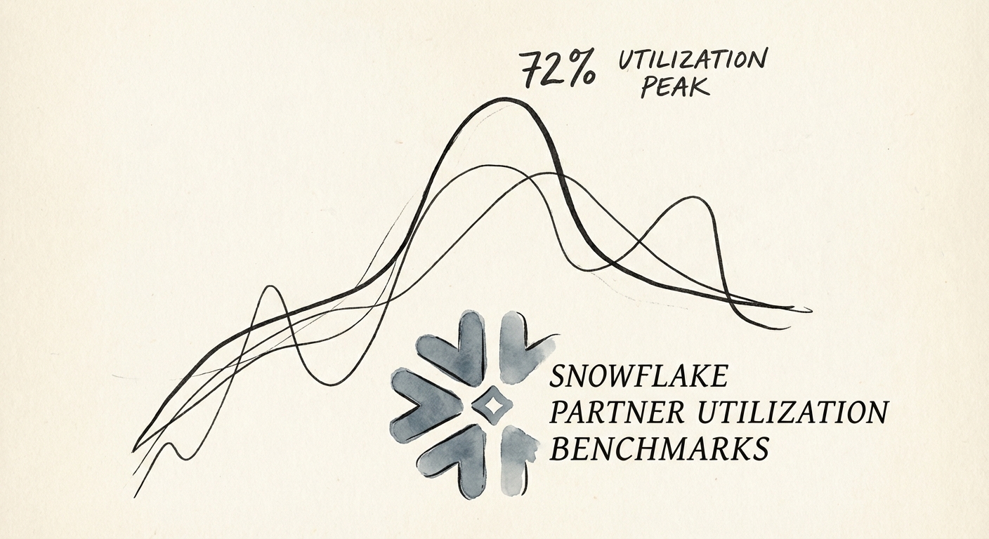 Graph showing the correlation between Snowflake partner utilization rates and valuation multiples, peaking at 72% utilization.