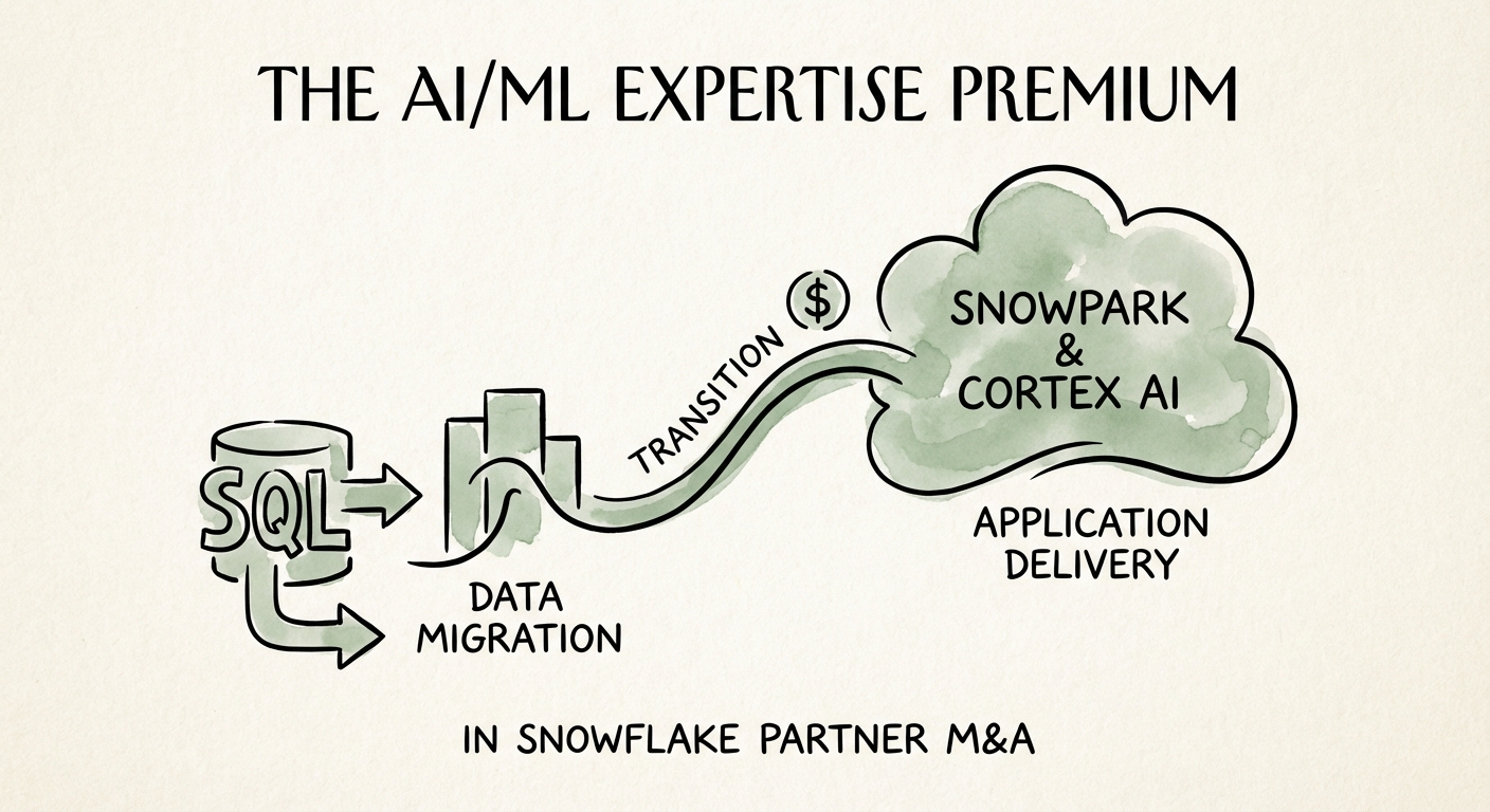Diagram illustrating the transition from SQL-based data migration services to Snowpark and Cortex-based AI application delivery.