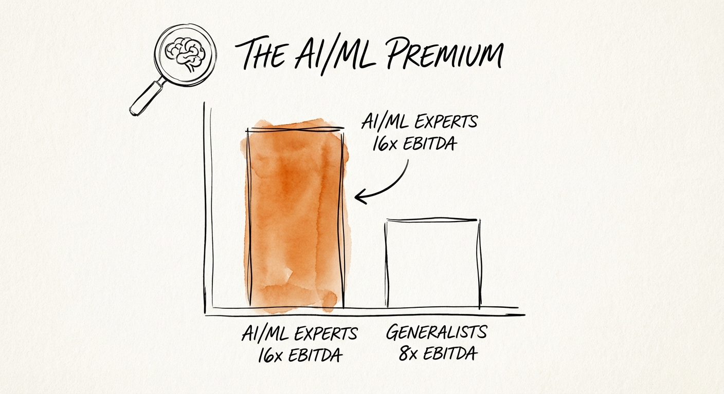 A valuation comparison chart showing Snowflake partners with AI/ML expertise trading at 16x EBITDA versus generalists at 8x.