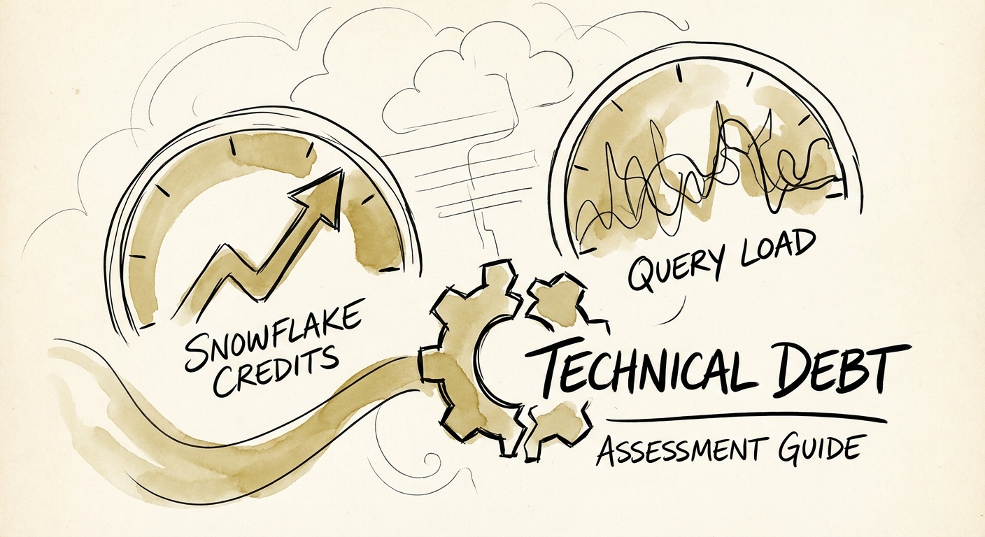 Dashboard showing Snowflake credit consumption vs query load highlighting technical debt