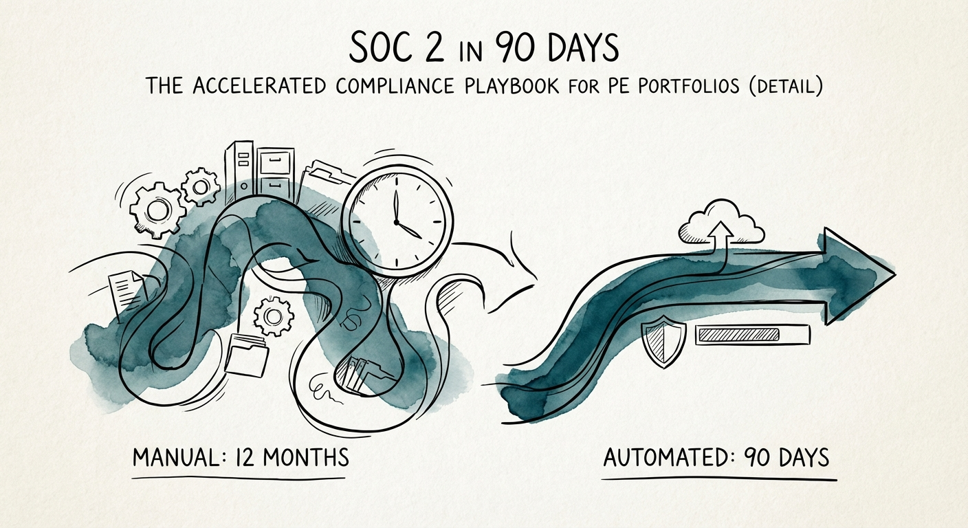 Comparison chart showing manual SOC 2 timeline of 12 months
versus automated timeline of 90 days.