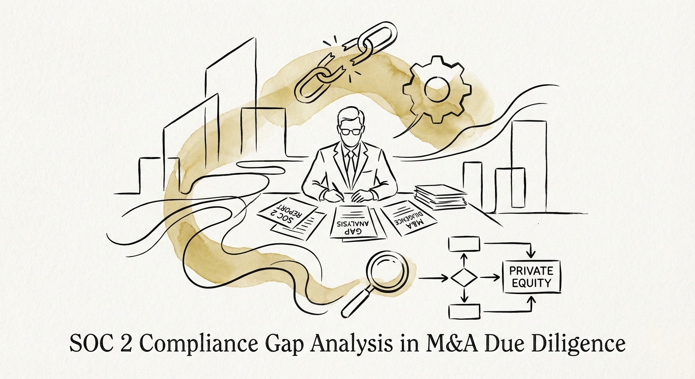 Private equity operating partner analyzing a SOC 2 gap analysis report during technical due diligence.
