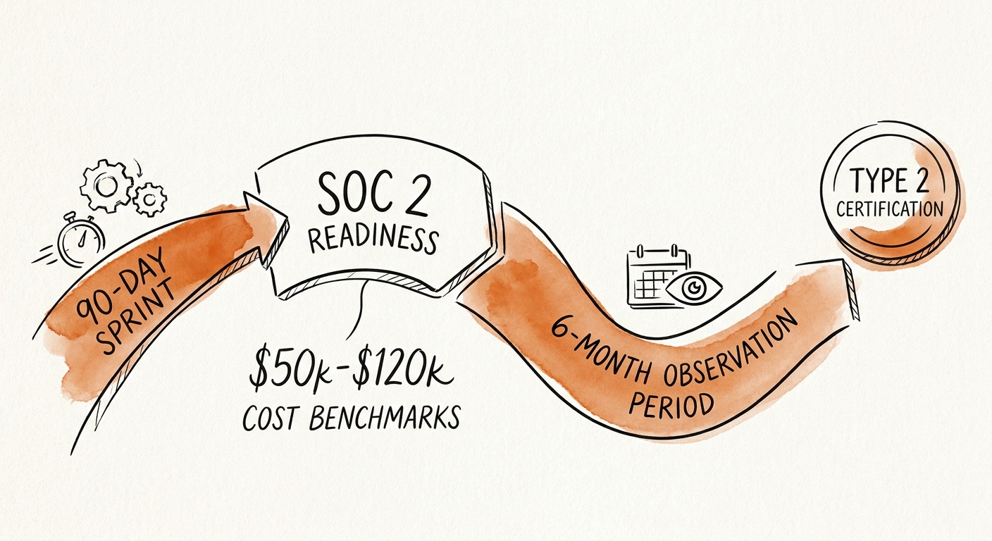 Timeline graphic showing the 90-day sprint to SOC 2 readiness followed by a 6-month observation period.