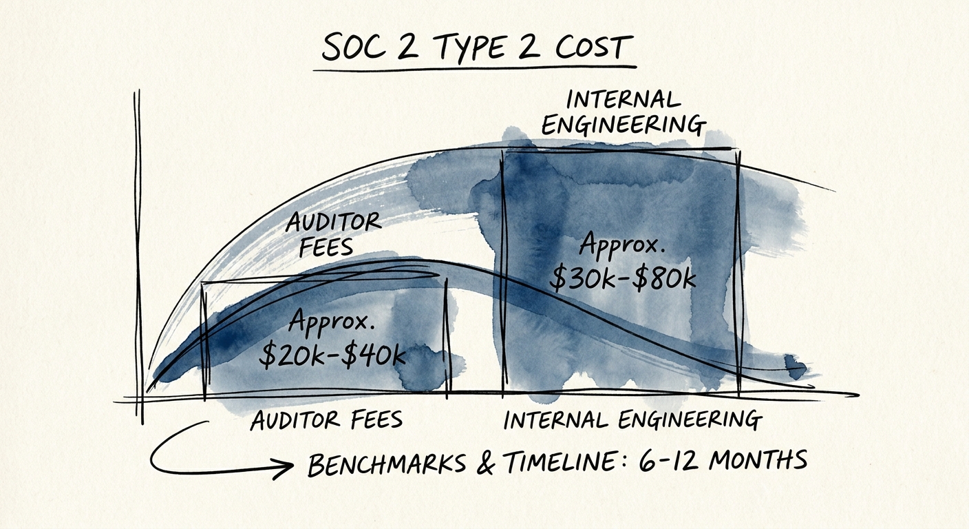 Bar chart illustrating the true cost breakdown of a SOC 2 Type 2 audit, comparing auditor fees to internal engineering costs.