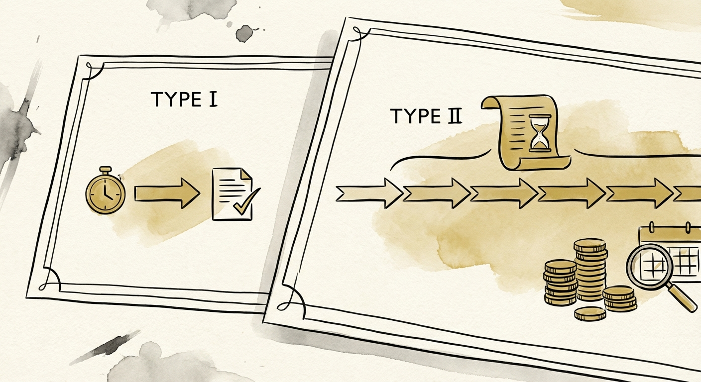 Comparison chart of SOC 2 Type I vs Type II timelines and diligence value